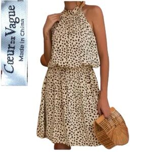 NWT Coeur De Vague Cream & Brown Print Sleeveless Halter Tie-Back Dress – Size M